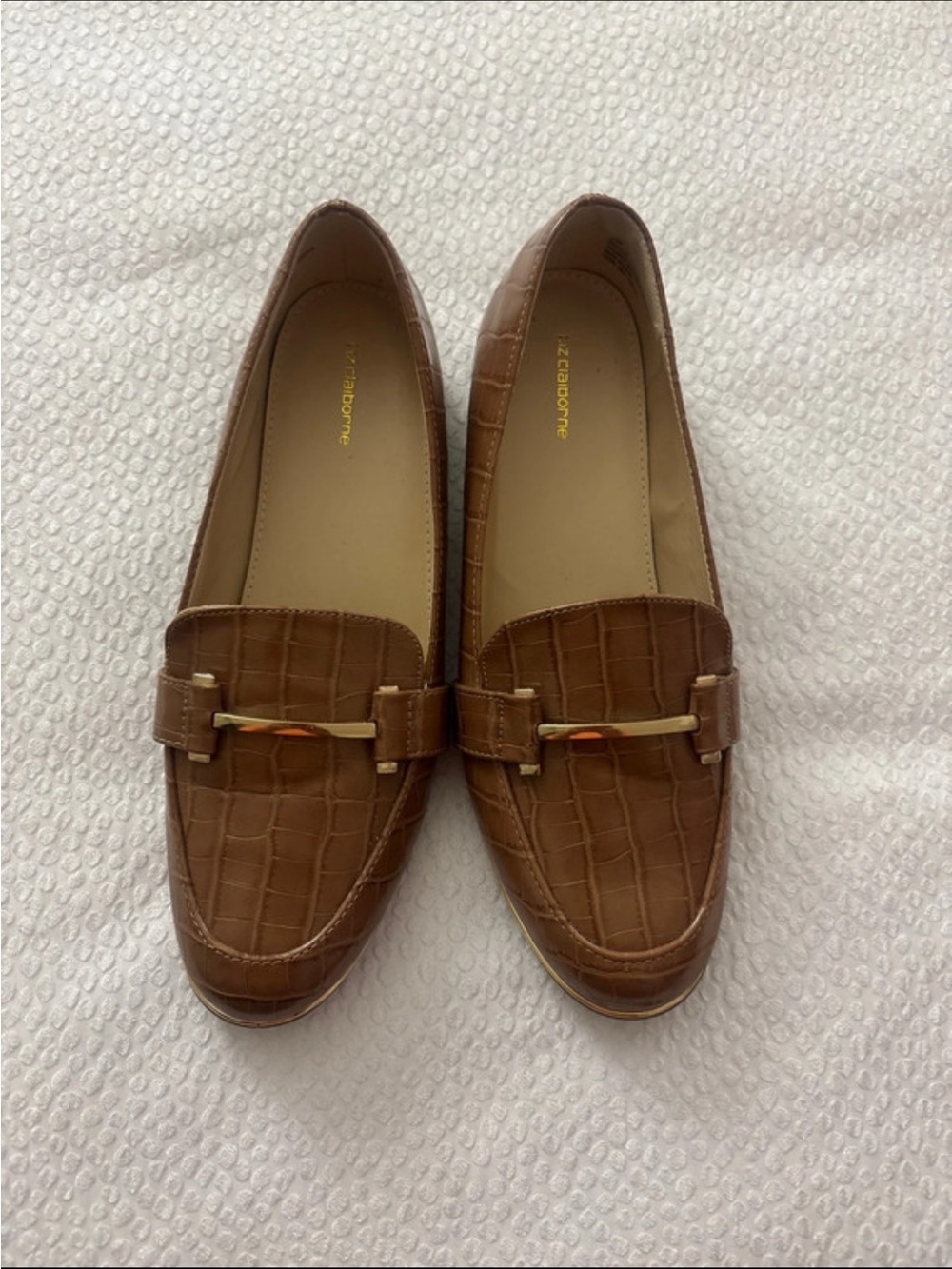 Liz Claiborne Brown Croc-Embossed Loafers with Gold Accent